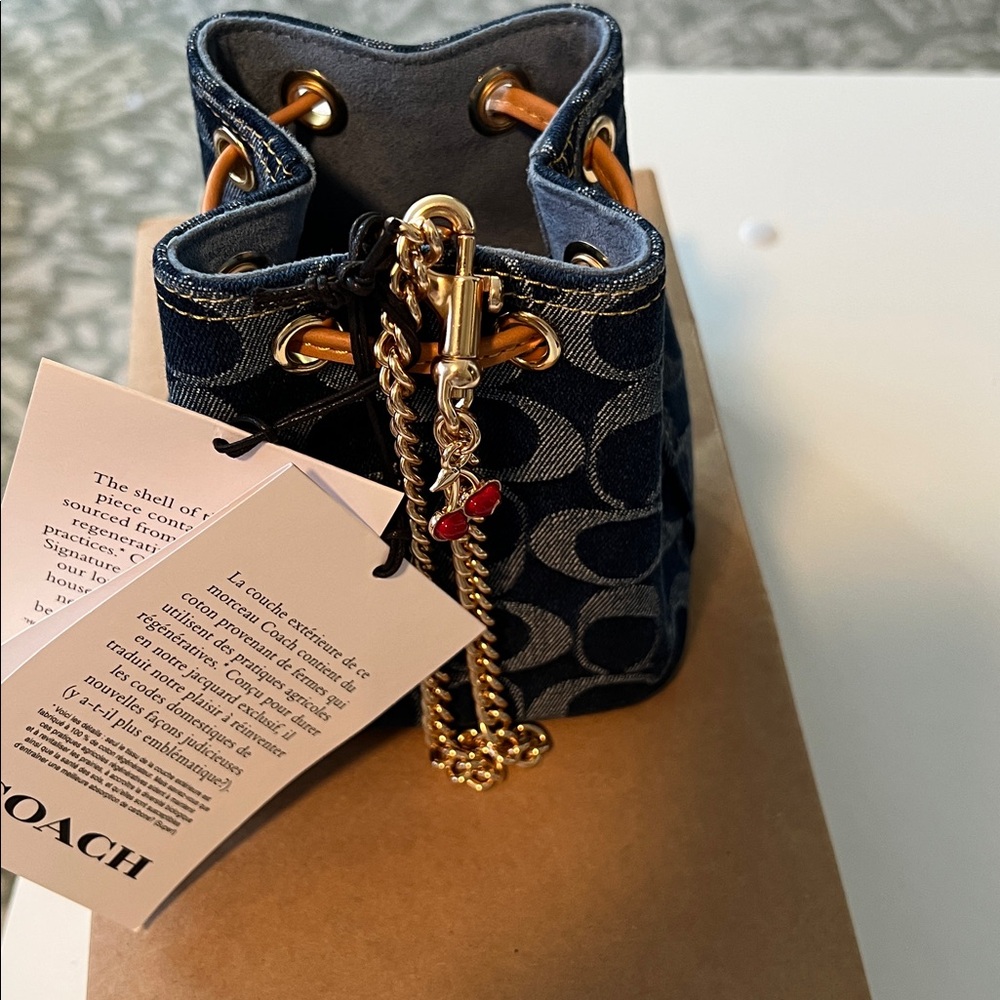 Miniature Micro Coach Navy and Gold Bucket Bag with Chain Strap - Picture 13 of 16